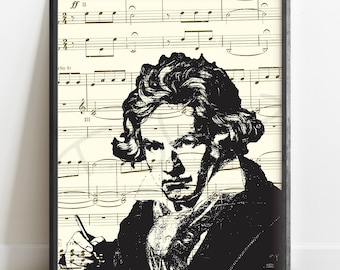 Lámina artística de Beethoven / Partitura de la Sinfonía n.º 5 / Retrato del compositor clásico