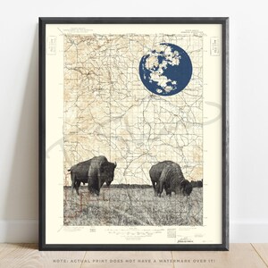 May include: A framed wall art print featuring a vintage-style topographic map background overlaid with two black and white bison standing in a grassy field and a solid dark blue circular graphic representing the moon in the upper right corner.