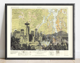 Washington | Seattle Skyline Topographic Art Print | Space Needle | Mount Rainier Map