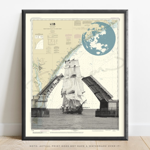 Wrightsville Beach Drawbridge Art Print | Unique Gift | Wilmington NC Nautical Chart | North Carolina Map | Travel Poster | Full Moon, UNCW