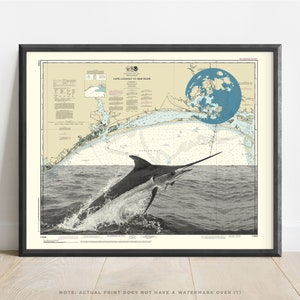 Caroline du Nord | Impression d'art nautique Morehead City Blue Marlin | Tournoi de pêche aux gros rochers | Carte de Crystal Coast | Poster Emerald Isle NC