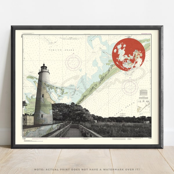 Ocracoke Island Lighthouse Art Print | Unique Gift | Outer Banks Nautical Chart | OBX | Map of North Carolina | Travel Poster | Moon | NOAA