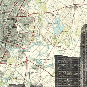 May include: A vintage map of Austin, Texas, with a modern cityscape superimposed over it. The map shows the city's streets, rivers, and landmarks, including the Colorado River, Lady Bird Lake, and the Austin Airport. The cityscape is made up of tall buildings, including the Austin City Hall and the Frost Bank Tower.