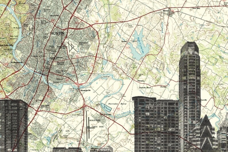May include: A vintage map of Austin, Texas, with a modern cityscape superimposed over it. The map shows the city's streets, rivers, and landmarks, including the Colorado River, Lady Bird Lake, and the Austin Airport. The cityscape is made up of tall buildings, including the Austin City Hall and the Frost Bank Tower.