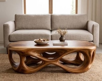 Organic Shape Walnut Coffee Table | Wabi Sabi Japandi Hollow Design Wood Living Room Center Table