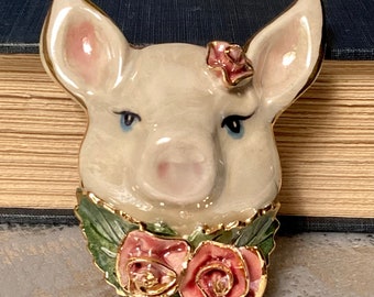 Handmade Ceramic Pig with Flowers  Large Vintage Brooch
