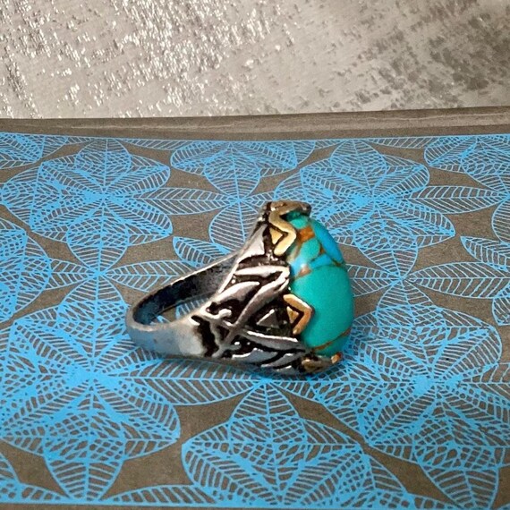 Copper Turquoise Silver Ring with double swords - image 3