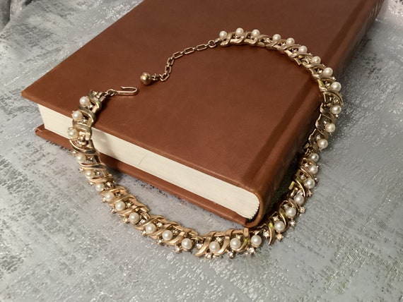 Trifari signed Crystals and Pearls Gold Vintage c… - image 1