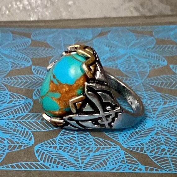 Copper Turquoise Silver Ring with double swords - image 1