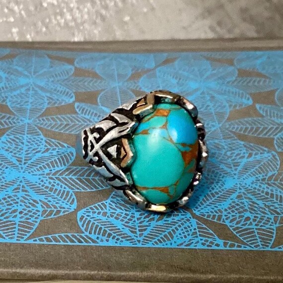Copper Turquoise Silver Ring with double swords - image 2