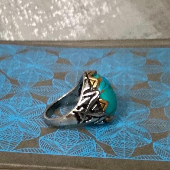 Copper Turquoise Silver Ring with double swords - image 4