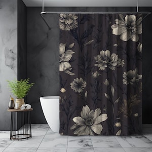 Dark Floral Shower Curtain, Moody Cottagecore Wildflower Shower Curtain, Spring Bathroom Decor, Gothic Botanical Shower Curtain