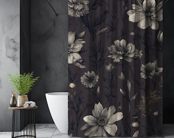 Dark Floral Shower Curtain, Moody Cottagecore Wildflower Shower Curtain, Spring Bathroom Decor, Gothic Botanical Shower Curtain