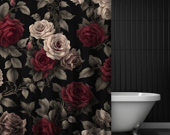 Moody Red Rose Floral Shower Curtain, Dark Shower Curtain, Gothic Floral Pink Design, Dark Whimsical Spring Bathroom, Botanical Decor