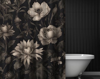 Gothic Floral Shower Curtain: Moody Black Botanical Decor