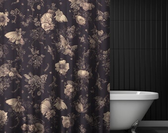 Cortina de ducha Dark Fairycore, cortina de ducha floral con ambiente melancólico, decoración de baño Cottagecore con temática de hadas, cortina de ducha para niñas, diseño místico