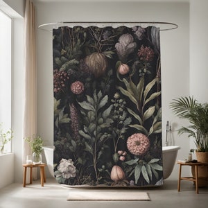 May include: A dark gray shower curtain with a floral pattern. The flowers are in shades of pink, purple, and green. The pattern is a realistic depiction of flowers and leaves.