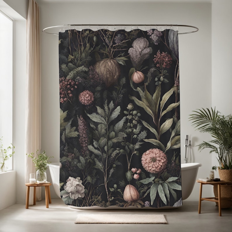 May include: A dark gray shower curtain with a floral pattern. The flowers are in shades of pink, purple, and green. The pattern is a realistic depiction of flowers and leaves.