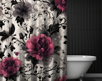 Cortina de ducha rosa con estampado floral gótico, cortina de ducha botánica rosa melancólica, inspirada en la naturaleza.