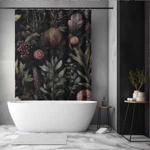 Pink Moody Floral Shower Curtains, Moody Botanical, Cottagecore Meadow, Nature Inspired Dark Shower Curtain, Vintage Dark Design