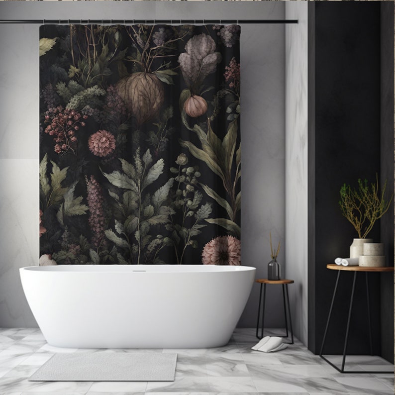 May include: A white bathtub with a black floral shower curtain in the background. The shower curtain features a dark background with pink and green floral designs.