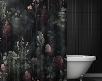 Moody Mauve Botanical Shower Curtains, Pink Classy Gothic, Spring Dark Shower Curtain, Nature Inspired