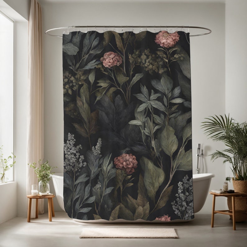 May include: A dark shower curtain featuring a botanical design with a variety of leaves and flowers in shades of green, gray, and pink. The floral pattern is set against a black background, creating a moody and elegant aesthetic.