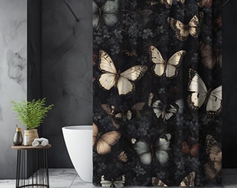 Cottagecore Moody Butterfly Shower Curtain, Dark Shower Curtain, Butterfly Floral Shower Curtain, Moody Meadow, Black Bathroom