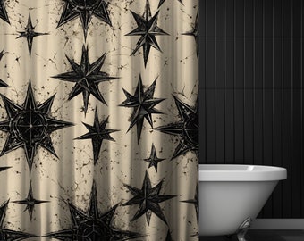 Cortina de ducha con diseño de bruja caprichosa y estrella: decoración gótica celestial para el baño.