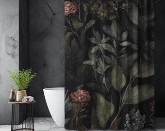 Pink Moody Floral Shower Curtains, Moody Botanical, Cottagecore Meadow, Nature Inspired Dark Shower Curtain, Vintage Dark Design
