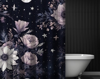 Dark Stars Floral Shower Curtain, Whimsical Bathroom Decor, Blue Floral Shower Curtain, Daisy and Rose Bathroom Decor, Wildflower Cottagcore
