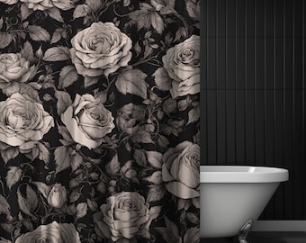 Dark Gothic Shower Curtain, Black Floral Shower Curtain, Black Rose Design, Black Rose Fabric, Vintage Gothic Shower Curtain, Dark Botanical