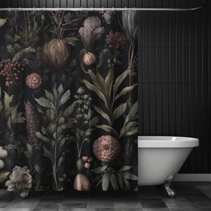 May include: A black shower curtain with a floral pattern featuring pink, green, and white flowers and leaves. The curtain is hanging in a bathroom with a white bathtub.