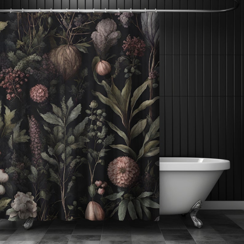 May include: A black shower curtain with a floral pattern featuring pink, green, and white flowers and leaves. The curtain is hanging in a bathroom with a white bathtub.