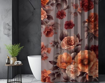 Burnt Orange Floral Shower Curtains, Fabric Shower Curtain, Fall Rose Print, Fall Floral shower Curtain, Autumn Print
