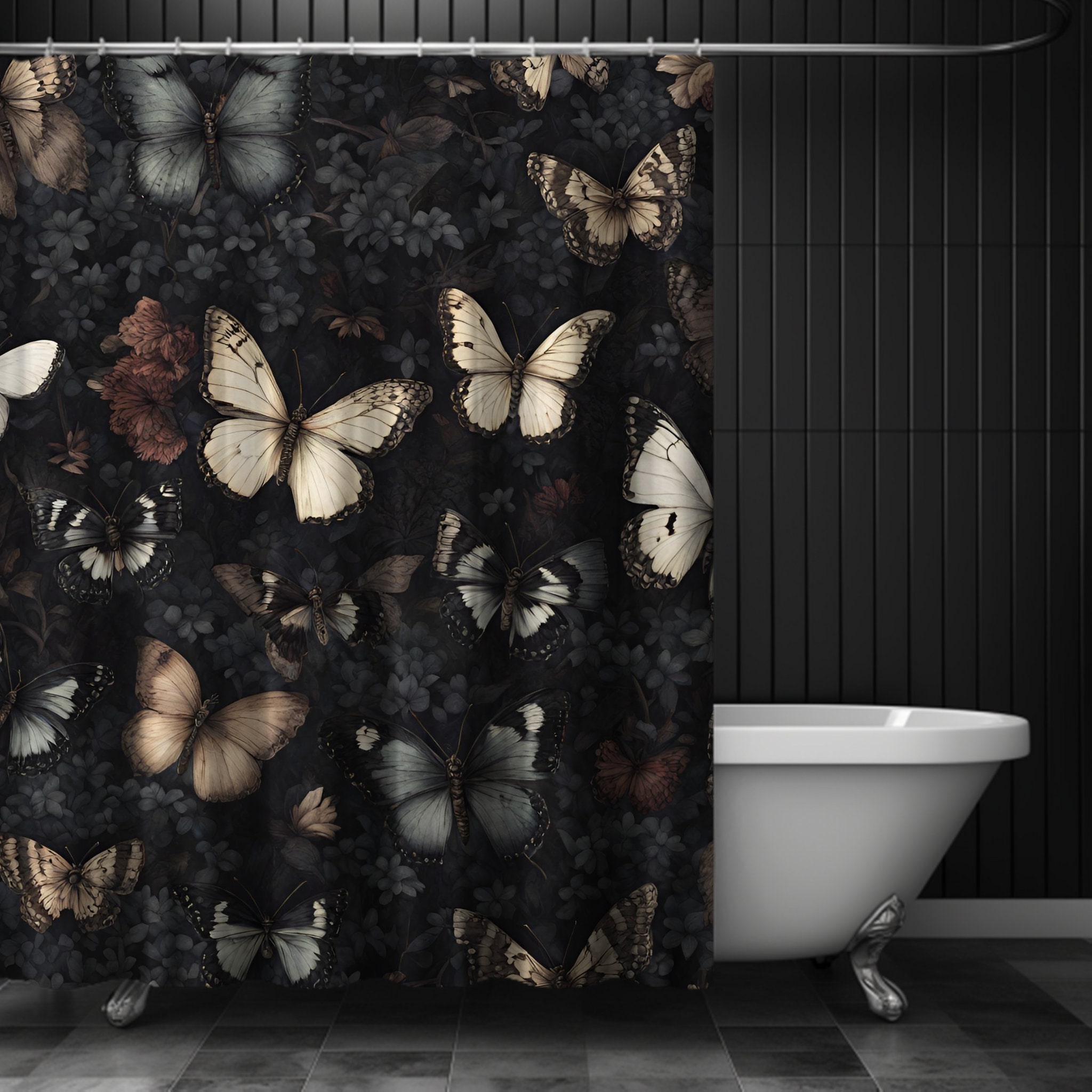 Cottagecore Moody Butterfly Shower Curtain, Dark Shower Curtain