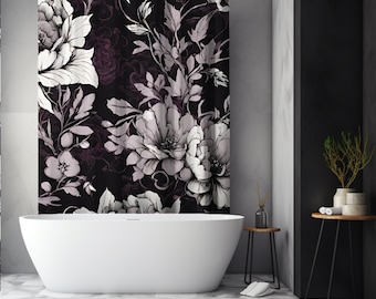 Classy Gothic Violet Floral Shower Curtain, Black Floral Shower Curtain, Purple Flower Design, Vintage Gothic Shower Curtain, Cottagecore