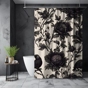 Gothic Crow & Black Rose Shower Curtain: Vintage Floral Bathroom Decor