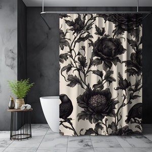 Gothic Crow Shower Curtain, Black Floral Shower Curtain, Black Rose Design, Black Rose Decor, Vintage Gothic Shower Curtain, Dark Bathroom