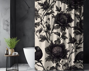 Gothic Crow & Black Rose Shower Curtain: Vintage Floral Bathroom Decor
