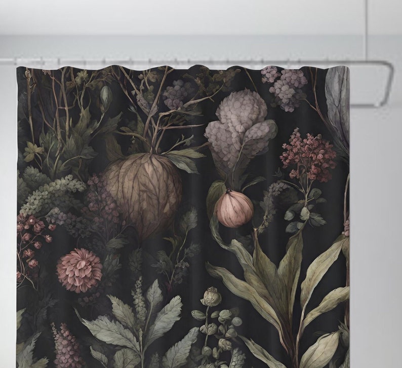 May include: A dark floral shower curtain with a black background and a variety of pink, purple, and green flowers. The flowers are arranged in a random pattern and are surrounded by leaves.