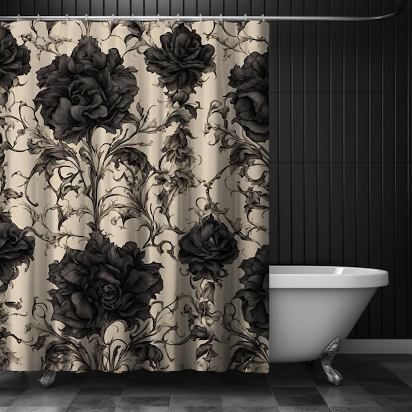 Rideau de douche gothique rose noire : tissu floral vintage