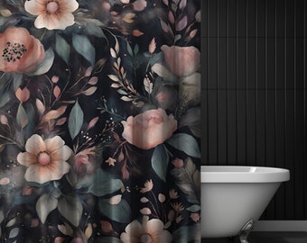 Dark Moody Floral Shower Curtain, Pink Floral Bathroom Decor, Black Floral Shower Curtain, Mauve Cottagecore Wildflower