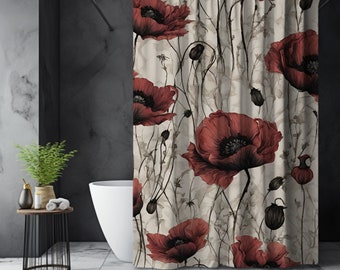 Moody Poppy Spring Shower Curtain, Light Floral Shower Curtains, Orange Poppy Wildflower Shower Curtain, Spring Bathroom Decor