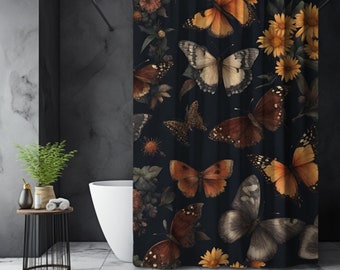 Cottagecore Butterfly Moody Shower Curtain, Dark Meadow Shower Curtain, Moody Botanical, Whimsical Bath Decor, Dark Floral Shower Curtain
