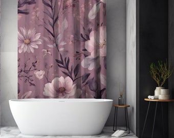 Moody Mauve Floral Shower Curtains, Pink Spring Bathroom Decor, Cottagecore Wildflower Floral Shower Curtain, Pink Cottagecore Decor