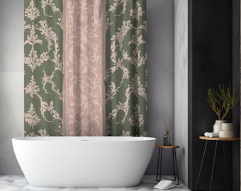 Cortina de ducha floral vintage color salvia, decoración de baño primaveral, cortina de ducha rosa para niñas, decoración botánica para el baño