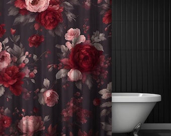 Moody Rose Floral Shower Curtain: Dark Red Rose Print, Polyester Fabric