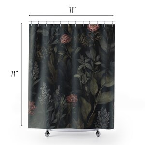 May include: A dark floral shower curtain, 74 inches tall and 71 inches wide, featuring a botanical design. The curtain has a dark background with illustrations of leaves, flowers, and foliage in shades of green, pink, and white.