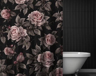 Gothic Pink Rose Floral Shower Curtain, Botanical Gothic Design, Dark Shower Curtain, Moody Bathroom Decor, Dark Botanical Bathroom Decor